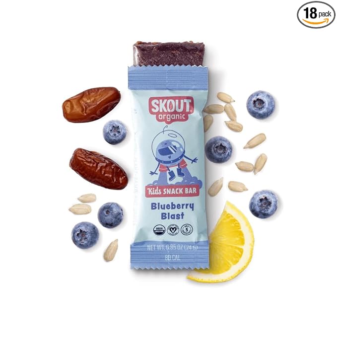 SKOUT Organic Blueberry Blast Real Kids Snack Bars (18 Pack) | Organic Kids Snack Bars | Plant-Based Nutrition, No Added Sugar | Vegan | Gluten, Dairy, Grain, Peanut, Tree Nut & Soy Free