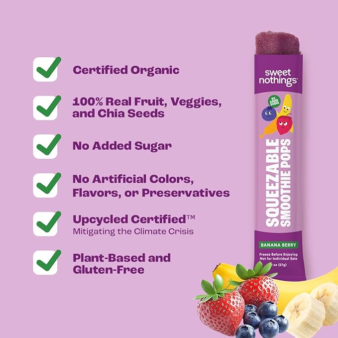Sweet Nothings, Banana Berry, USDA Organic Kids' Squeezable Fruit Smoothie Popsicle Pops, Value Pack of 24 - Dye-Free, No Added Sugar, Dairy-Free, Vegan, Healthy Organic Fruit Pops, Freeze & Enjoy