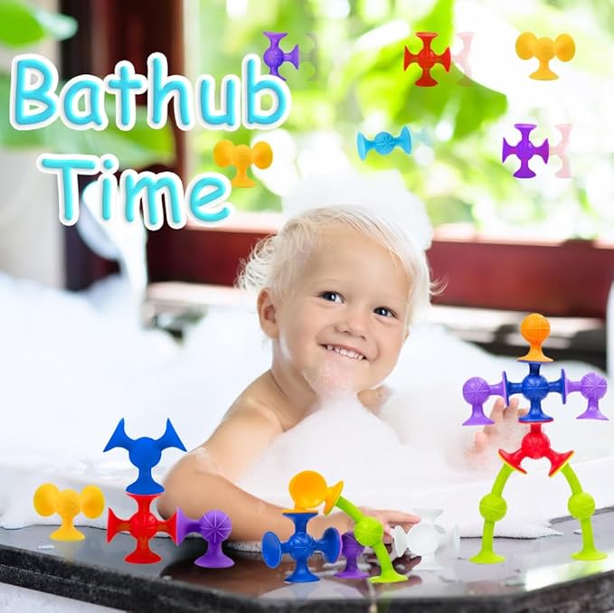 68 Piece Suction Cup Bath Construction Set - Silicone Building Blocks DIY Sucker Bathub Toys, Sensory Toy for Toddlers 3-8 Year Old Boys and Girls