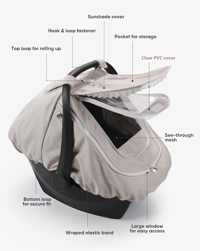 Waterproof Car Seat Cover for Baby, 2-Layer Car Seat Rain Cover with Clear Window & Sunshade & Mesh Cover, Universal Infant Carseat Canopy for Stroller, Protect from Rain and Snow - Beige