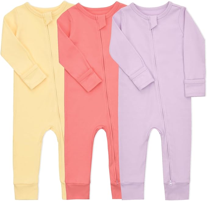 Aablexema Baby Cotton Fooltess Pajamas with Mitten, 3-pack Infant Romper Zip Up One Piece Jumpsuits Outfit
