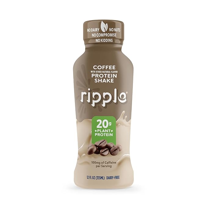 Ripple Coffee Plant Based Protein Shake | 20g of Quality Sourced Pea Protein, 100mg Caffeine, Calcium | Shelf Stable | Vegan & Non GMO | Dairy, Soy, Nut, & Gluten Free | 12 Fl Oz Bottles (Pack of 12)