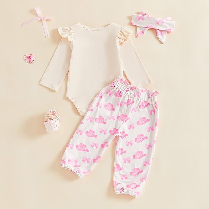 Fernvia Western Newborn Baby Girl Clothes Long Sleeve Letter Print Romper Animal Print Pants Headband 3Pcs Outfits Sets
