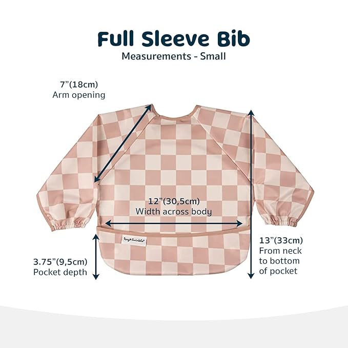 Tiny Twinkle Mess Proof Baby Bibs, 2pk Waterproof Smock Baby Bibs for Eating, Machine Washable Long Sleeve Bibs, Baby Led Weaning, Toddler Bibs, BLW Supplies (Pink,Beige Checkers, Small 6-24 Months)