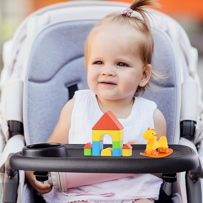 Wanateber Universal Stroller Snack Tray, Double-Layer Removable Stroller Snack Tray Attachment with Strollers Cup Holder, Non-Slip Snacks Holder for Strollers Accessories