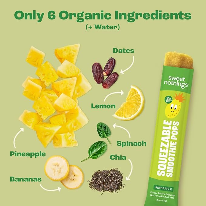 Sweet Nothings, Pineapple, USDA Organic Kids' Squeezable Fruit Smoothie Popsicle Pops, Value Pack of 24 - Dye-Free, No Added Sugar, Dairy-Free, Vegan, Organic Fruit and Veggie Pops, Freeze & Enjoy