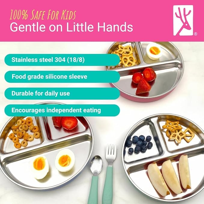 Stainless Steel Divided Plates + Silicone Sleeve and Storage Lid | Baby, Toddler, Kids | Dinner & Snack Plates | 2 Pack