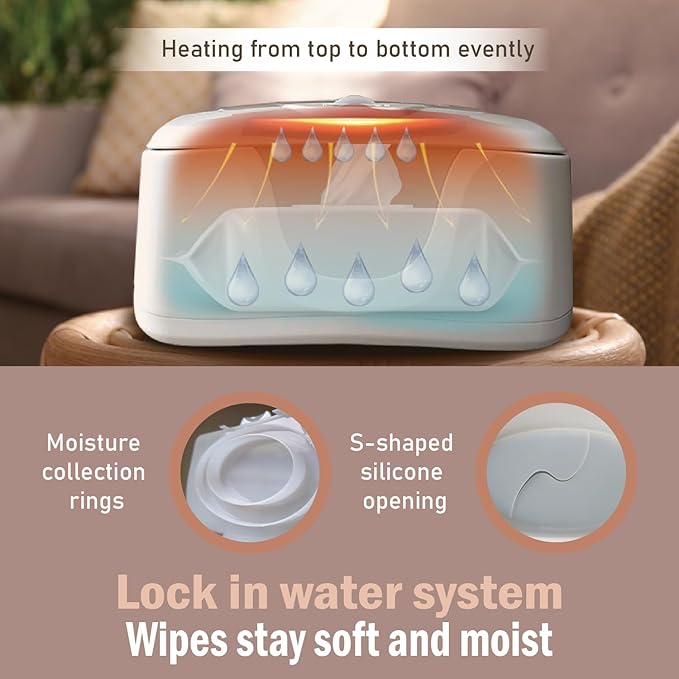 Baby Wet Wipe Warmer and Wet Wipe Dispenser, Advanced Features - 4 Bright Auto Off LED Ample Lights for Nighttime Changes, Dual Heat for Baby's Comfort, Improved Design and Only at Amazon