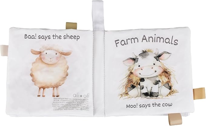 Ali+Oli Baby Cloth Book – Soft Sensory Crinkle Book for Infants 0-12 Months – Early Learning Touch & Feel Tummy Time Toy – Colorful taggies - Newborn Shower Gift - Farm Animals