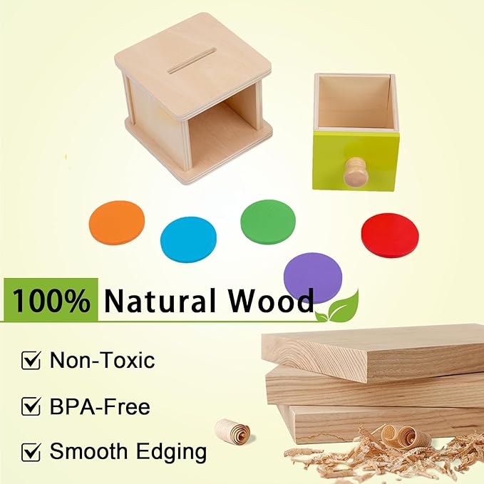 Adena Montessori Coin Box,Object Permanence Box Toys for 1 Year Old Baby Coins,Wooden Montessori Ball Drop Toys Developmental Toys for 6-12 Month Infant Toys,Learning Kids Gifts(Yellow-Green Door)