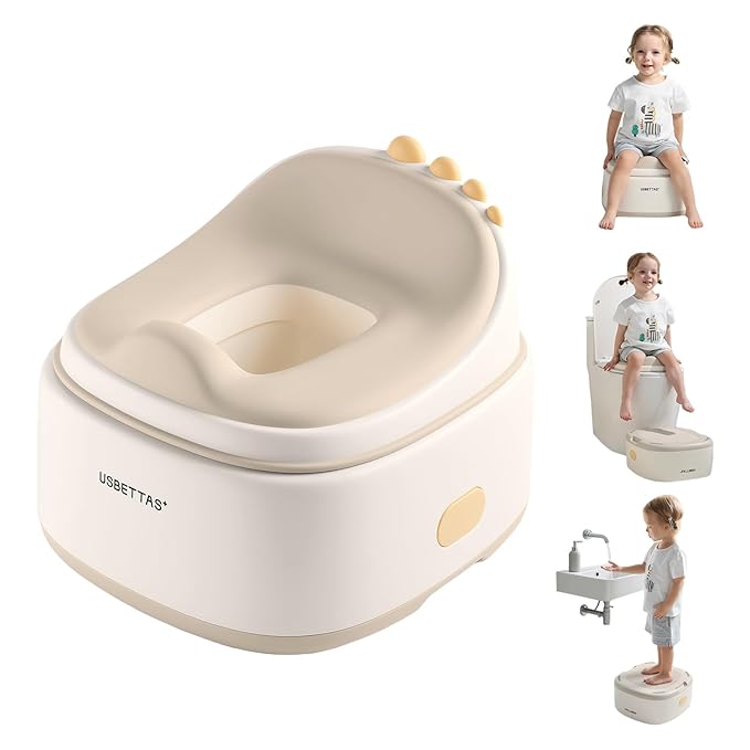 3 in 1 Potty Training Toilet, Dinosaur Toddler Potty Training Seat for Boys Girls with Comfortable Cushion, Easy-to-Clean and Anti-Slip Potty Training Step Stool for Toilet (Beige)