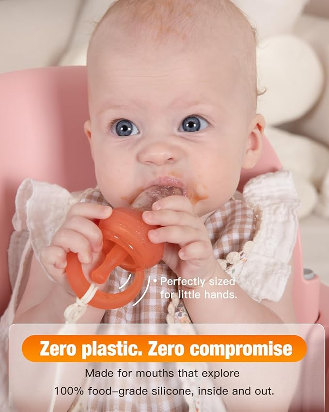 Baby Fruit Feeder & Popsicle Molds Tray Combo, New Born Must Haves and Babies Led Weaning Supplies for Safe Infant Self Feeding, 4+ Month (Orange)