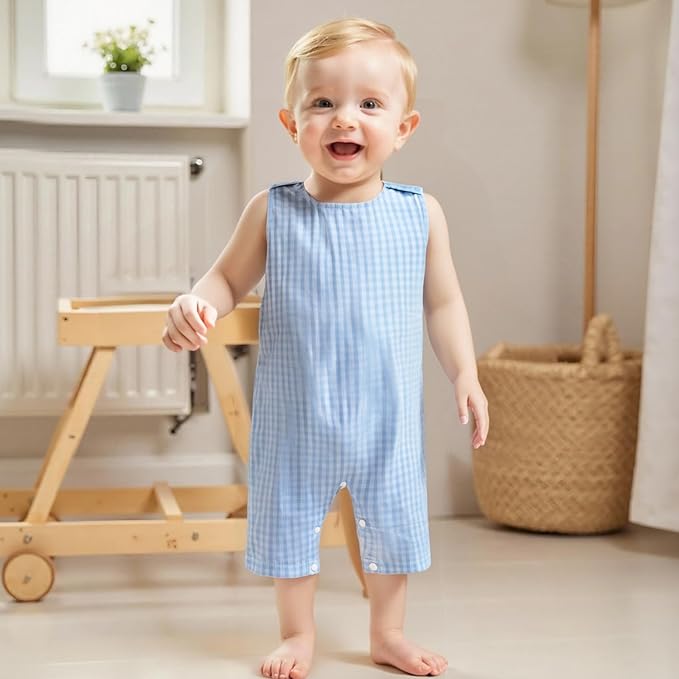 Baby Boy Summer Clothes Sleeveless Retro Plaid Romper Overalls Jumpsuit Shortalls Playsuit Outfits