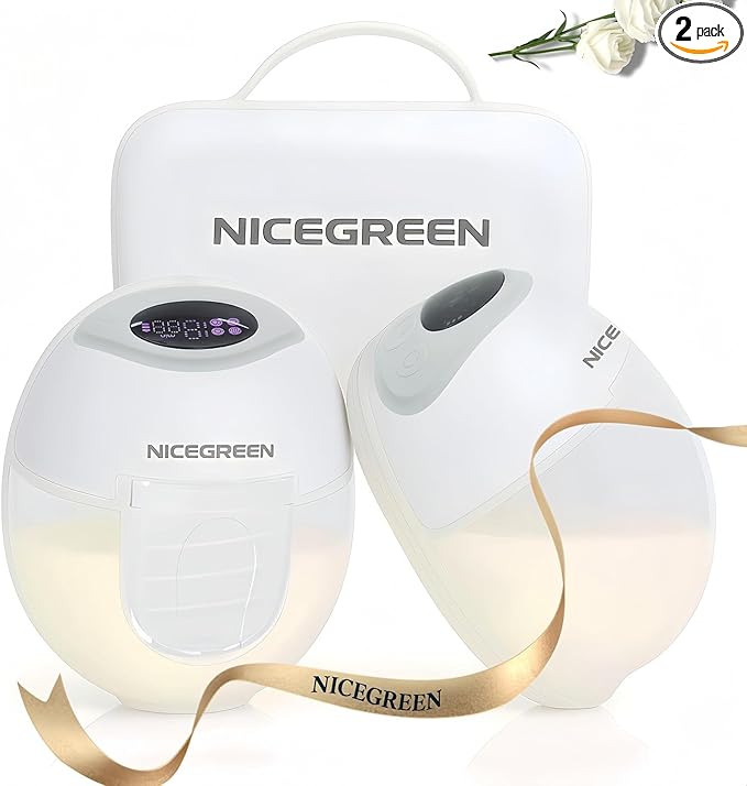 NICEGREEN Wearable Breast Pump S32, Hospital-Grade Hands-Free Electric Breastfeeding Pump, 9 Adjustable Suction Levels, Portable Wireless Double Breast Pump with Carrying Bag, 24mm, 2 Pack, Grey
