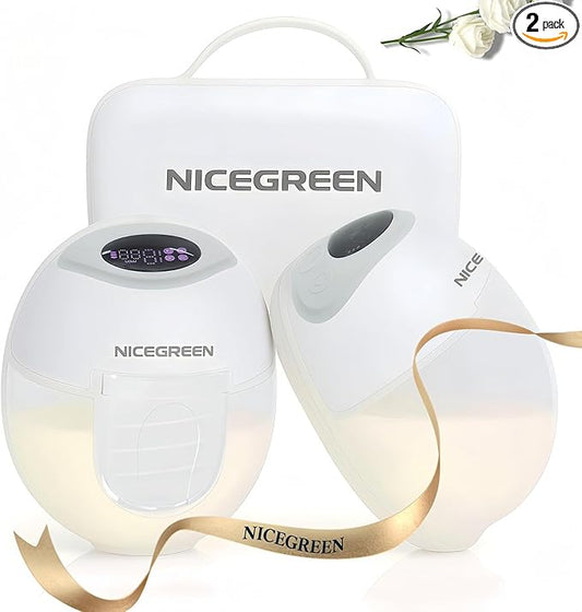 NICEGREEN Wearable Breast Pump S32, Hospital-Grade Hands-Free Electric Breastfeeding Pump, 9 Adjustable Suction Levels, Portable Wireless Double Breast Pump with Carrying Bag, 24mm, 2 Pack, Grey