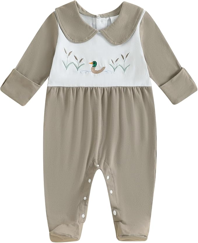 woshilaocai Baby Fall Outfit Boy Girl Plaid Embroidered Collar Romper Footie Infant Halloween Clothes