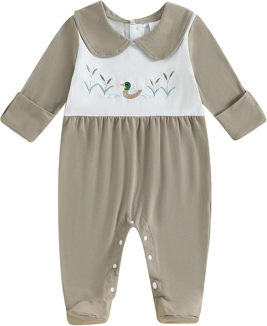 woshilaocai Baby Fall Outfit Boy Girl Plaid Embroidered Collar Romper Footie Infant Halloween Clothes