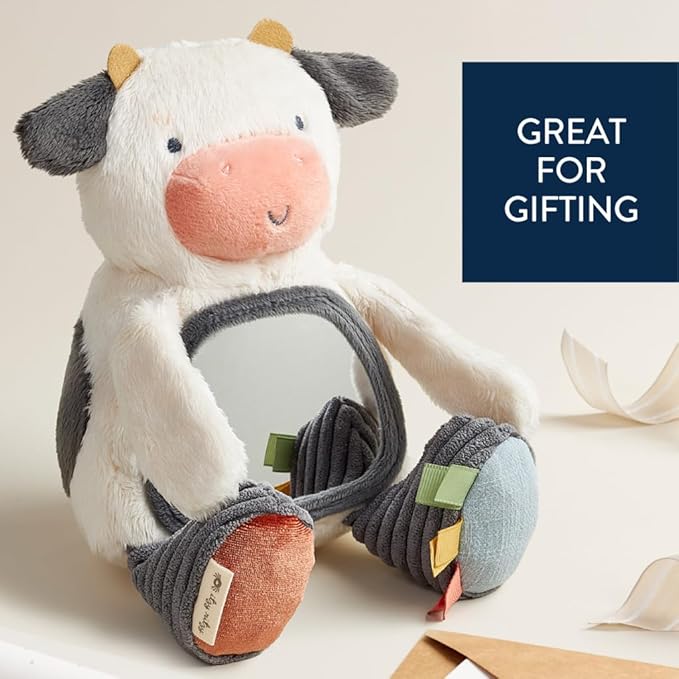 Itzy Ritzy Sensory Tummy Time Toy Mirror - Features Crinkle & Jingle Sounds, Multiple Textures and Mirror for Self-Discovery, Infant Toy for Ages 0 Months and Up, Cow