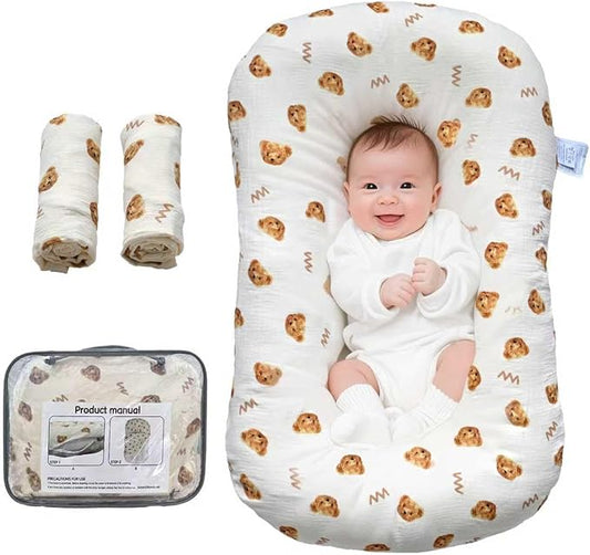 Baby Lounger, Newborn Lounger with Breathable & Soft Cover for Home and Travel, 0-24 Months Newborn Babies Essentials Gifts. (2 Cover Included)