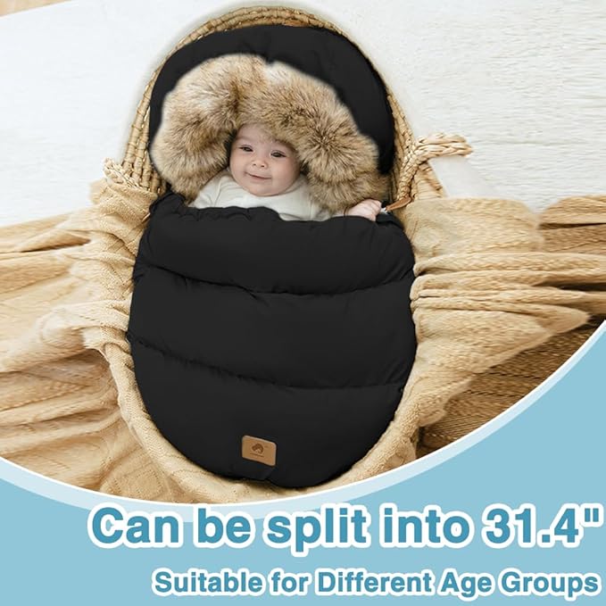 Fairy Baby Winter Cold Universal Stroller Bunting Bag for Baby Toddler-Waterproof Windproof Car Seat Cover Stroller Footmuff - Dog Outdoor Sleeping Bag with Oversized Fur Collar (Black)