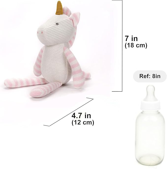 100% Organic Cotton Baby Stuffed Animal, Pink Unicorn Plush for Newborn 7.1"