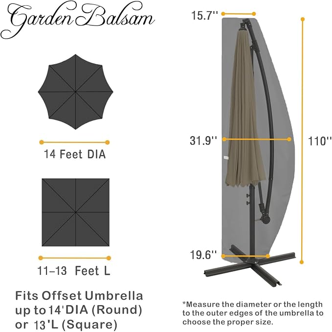 Patio Umbrella Cover for 12FT to 14FT Offset Umbrella, Water Resistant, Curved Cantilever and Straight Pole Parasol Outdoor Umbrellas Cover with Zipper and Rod