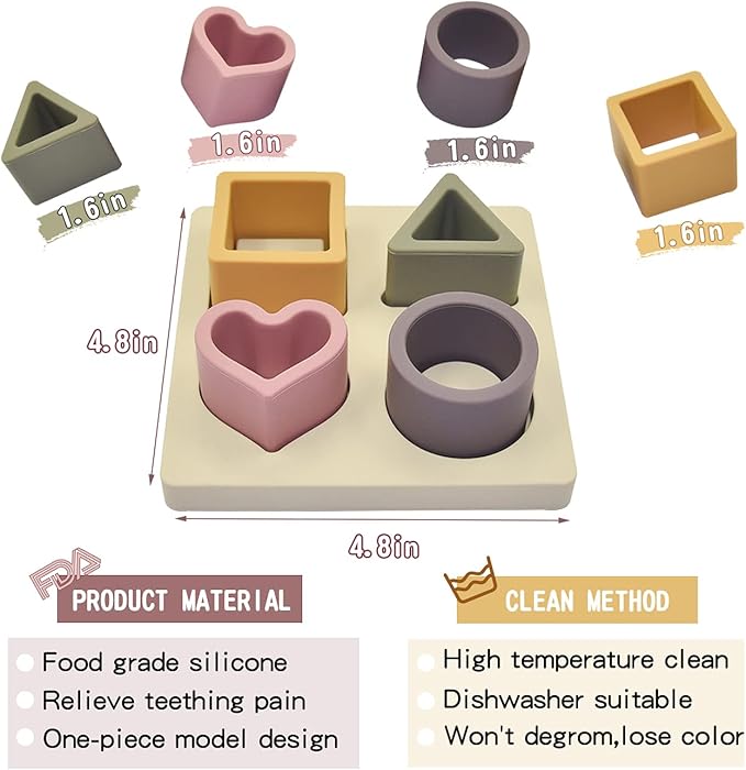 Baby Soft Nesting Sorting Stacking Toys Silicone Teething Blocks Shapes Recognition Learning Development Toys for Toddler 3+ Months(Beige)