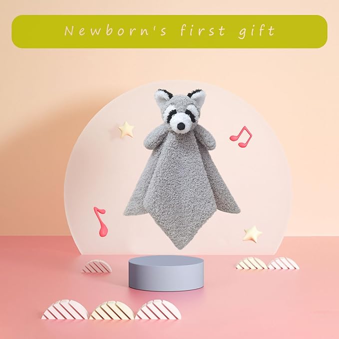 Baby Gray Raccoon Soft Stuffed Animal Security Blanket, Plush Raccoon Character Lovey Blanket, Baby Shower/Nursery Gift, Newborn Infant Toddler Snuggle Blankie for Boys Girls, 18 Inches