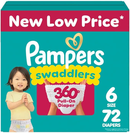 Pampers Diapers - Swaddlers 360° - Size 6, 72 Count, up to 100% Leakproof Comfy Dry Fit, Designed for Easy Changes, Pull On Baby Diaper (Packaging May Vary)