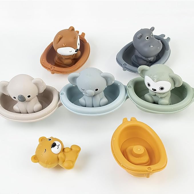 Bath Toys Floating Boats, 12Pcs Bath Toys for Kids Ages 1-3 or Babies 6-12-18 Months, Mold Free Bath Pool Toy for Toddlers 2-4, Stacking Toys, Soft Finger Puppets Animals Bath Toy
