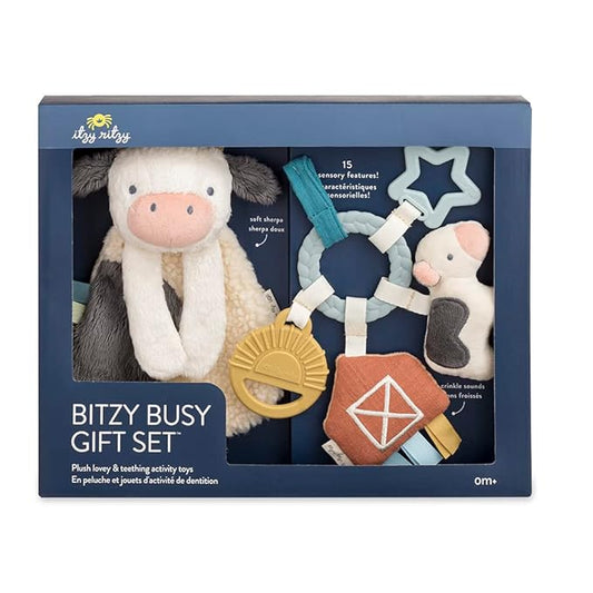 Itzy Ritzy Farm Toy Gift Set - Includes Cow Lovey & Farm-Themed Busy Ring Car Seat and Stroller Toy - Features Crinkle Sounds, Engaging Textures & Silicone Teething Relief (Farm)
