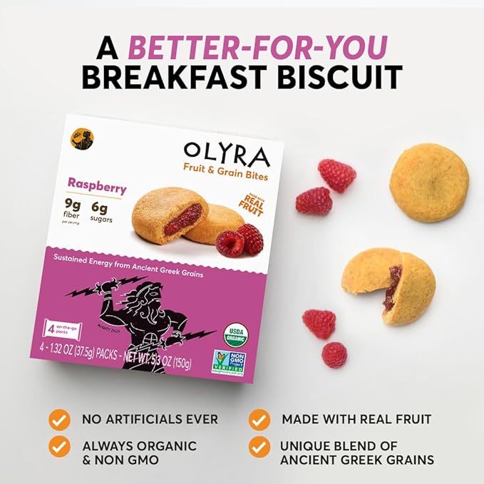 Olyra Raspberry Organic Fruit Snacks, Healthy Snacks for Adults and Kids, High Fiber Soft Cookies, Low Sugar, Vegan, Office Breakfast Bars, USDA Certified Organic, Non GMO (Pack of 12)