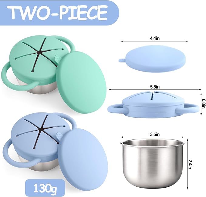 Mity rain 2-Pack Stainless Steel Snack Containers for Kids with Spill-Proof Silicone Lids & Handles - 3-in-1 Baby Snack Cups, No-Spill Toddler Snack Box, Perfect for On-the-Go Healthy Eating