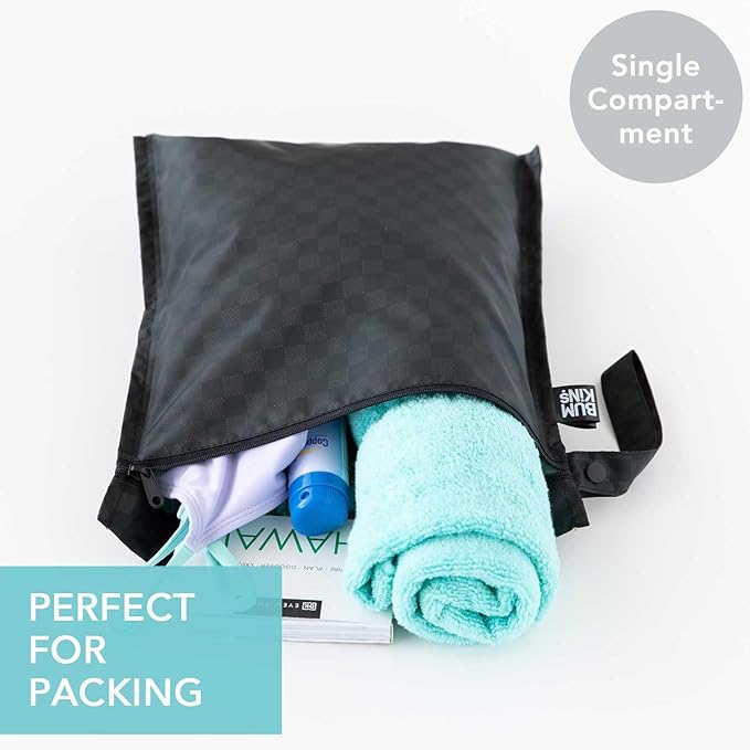 Bumkins Waterproof Wet Bag for Baby, Travel, Swim Suit, Cloth Diapers, Pump Parts, Pool, Beach, Gym Clothes, Toiletry, Hook to Stroller, Daycare, Zipper Reusable Wetdry Packing Pouch, Black Check