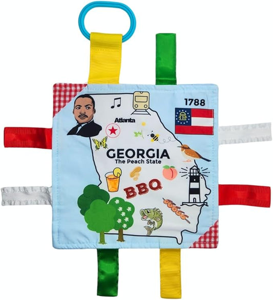 Baby Jack & Co 8x8” Learning Lovey Georgia State Tag Stroller Toy for Babies - Crinkle Toys for Developing Five Senses - Learn About Capitals - Travel with Baby Jack - BPA Free Clip