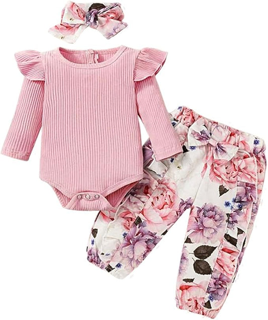Newborn Baby Girl Clothes Infant Girl Outfits Long Sleeve Ruffle Romper + Floral Pants + Headband Set