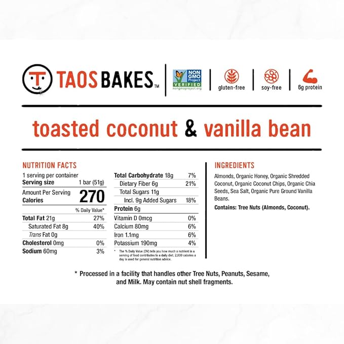 Taos Bakes Snack Bars - Toasted Coconut + Vanilla Bean - Gluten-Free, Non-GMO Granola Bars - Healthy & Delicious Baked Bars - 1.8oz
