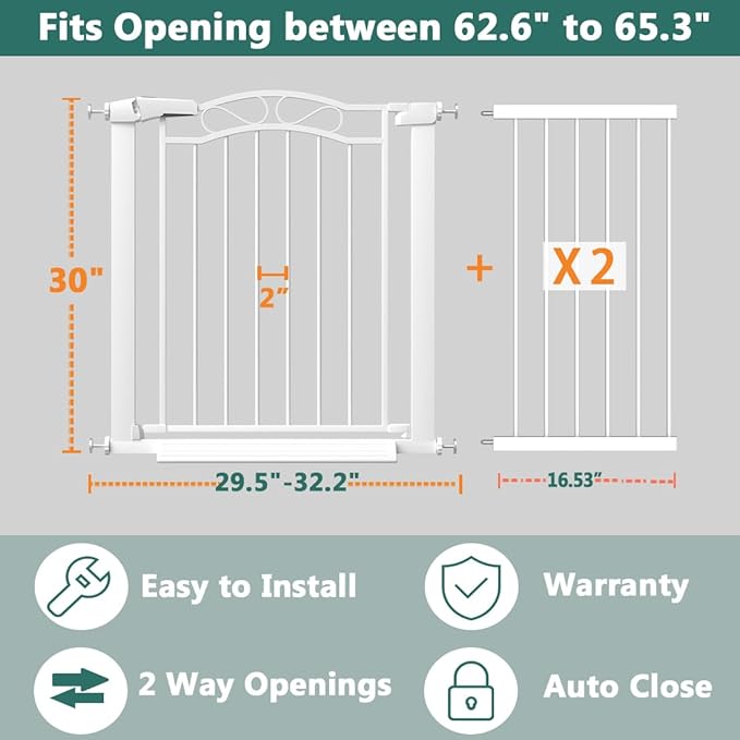 Fairy Baby 62.6"-65.3" Extra Wide Press Mounted Baby Gate Indoor for Kids Or Pets Walk Thru No Drill Long Dog Gates for The House Doorway Child Safety Gate