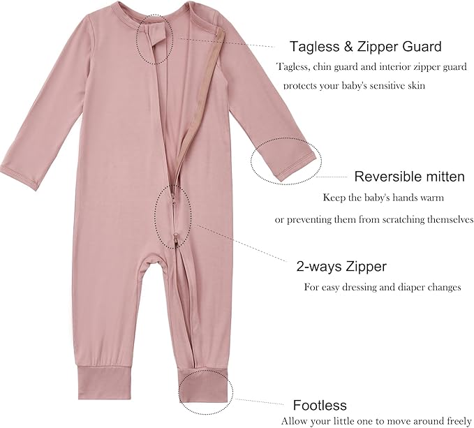 Aablexema Baby Footless Pajamas Rayon 3pcs Unisex Infant Zipper Romper with Mitten Cuffs Sleep Play PJs