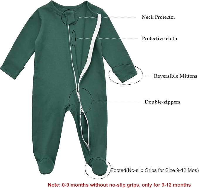 Aablexema Baby Footie Pajama with Mitten Cuffs, Double Zipper Infant Cotton clothes Sleeper Pjs, Footed Sleep Play