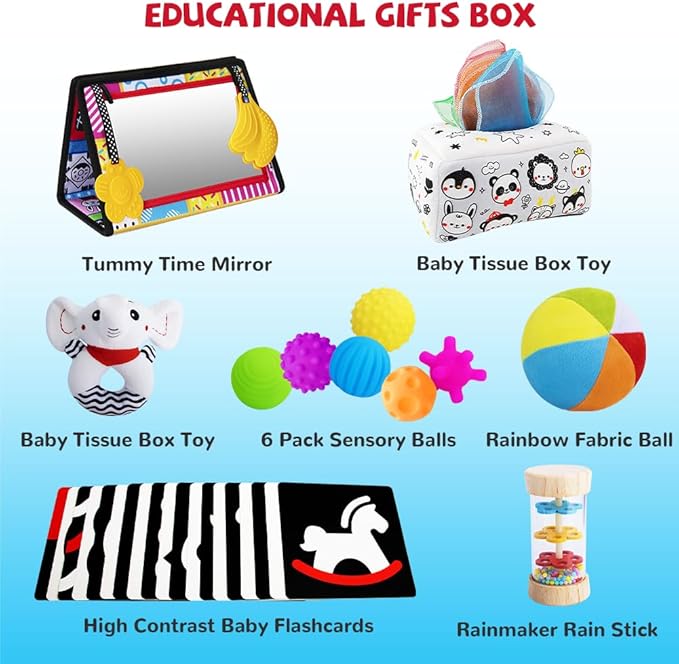 Montessori Toys for Babies 0-6 Months,7 in 1 Newborn Toys Baby Gifts Set Early Learning Toys with Black & White Baby Flashcards,Tummy Time Mirror,Baby Rattle,Sensory Balls,Tissue Box,Rain Stick