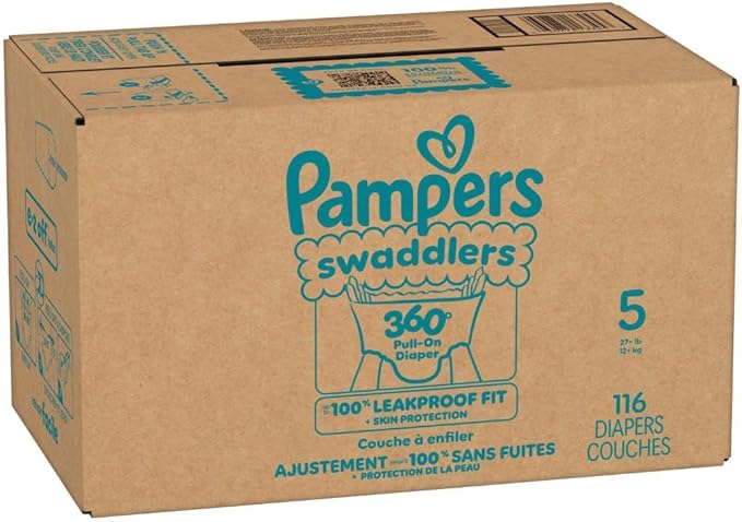 Pampers Diapers - Swaddlers 360° - Size 5, 116 Count, up to 100% Leakproof Comfy Dry Fit, Designed for Easy Changes, Pull On Baby Diaper (Packaging May Vary)