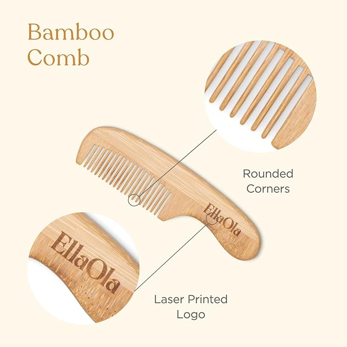 ELLAOLA Natural Bamboo Hair Brush & Comb Set, 3 Piece - Cradle Cap Brush, Massage Hair Brush, Bamboo Comb for Toddlers, Newborns & Infants I Baby Registry Gift