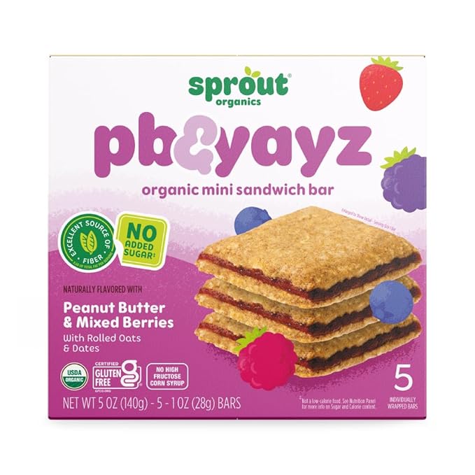 Sprout Organics, PB & Yayz Toddler Snack Bars, Mixed Berry & Peanut Butter, 5 Individual Bars 1 oz Each (6-boxes)