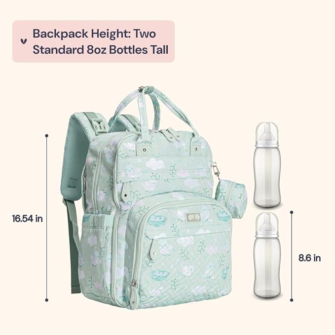 BabbleRoo Diaper Bag Backpack - Baby Essentials Travel Tote - Multi Function Water Resistant Diaper Bag, Travel Essentials Baby Bag with Changing Pad, Stroller Straps & Pacifier Case - Green Birdy