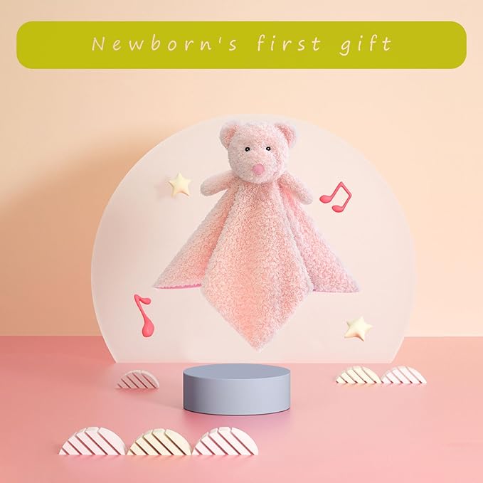 Baby Pink Teddy Bear Soft Stuffed Animal Security Blanket, Plush Bear Character Lovey Blanket, Baby Shower/Nursery Gift, Newborn Infant Toddler Snuggle Blankie for Boys Girls, 18 Inches