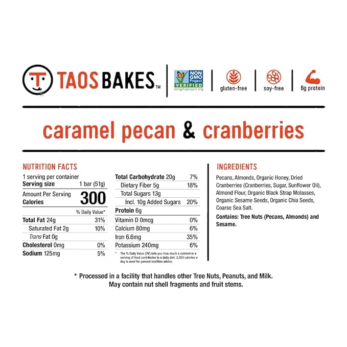 Taos Bakes - Caramel Pecan + Cranberries - Breakfast Bars - 5g Fiber & Gluten Free - Healthy Snacks for Adults - Filled with Pecans, Cranberries, Sesame Seeds, & Chia Seeds - (12 Pack, 1.8oz Bars)