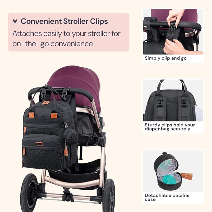 BabbleRoo Diaper Bag Backpack - Baby Essentials Travel Tote - Multi Function Water Resistant Diaper Bag, Travel Essentials Baby Bag with Changing Pad, Stroller Straps & Pacifier Case - Unisex, Black