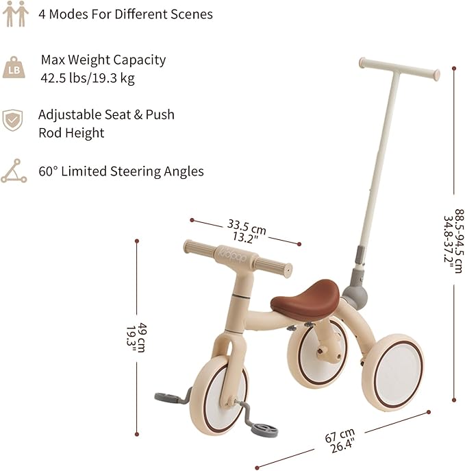 4-in-1 Toddler Tricycle with Adjustable Push Handle for 1-4 Year Old,Birthday Gift and Toy for Boys and Girls Removable Pedals Balance Bike&Scooter (Beige)