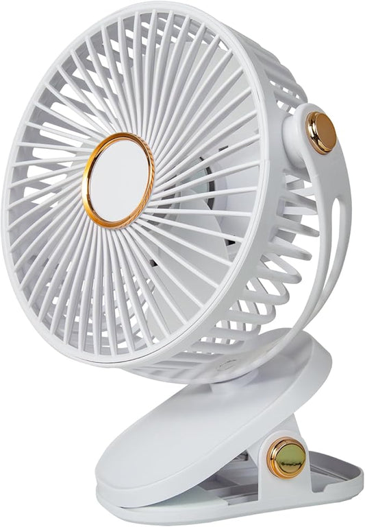 HUO JI Portable Clip on Fan 5 Speeds 360° Dual Rotation Brushless Motor Ultra Quiet <20dB LED Light USB Rechargeable
